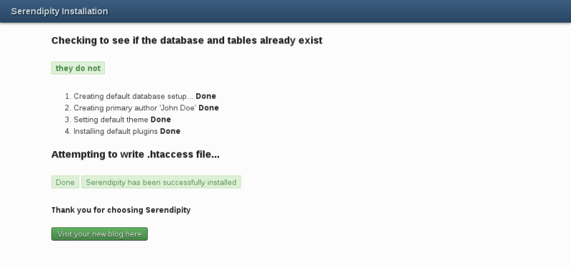 Results of the database tables creation